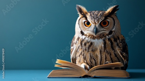 Wallpaper Mural Wisdom and education concept image with a wise owl reading a book on blue background Torontodigital.ca