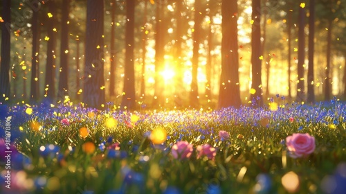 Magical Forest Sunset with Blooming Flowers and Falling Leaves