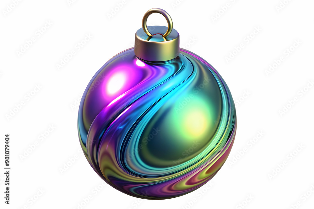 3D Macro of Futuristic Holographic Christmas Ornament: Close-Up Shot Highlighting Vibrant Colors and Intricate Details with Mesmerizing Reflections on Isolated White Background 3D Macro of Futuristic Holographic Christmas Ornament: Close-Up Shot Highlighting Vibrant Colors and Intricate Details with Mesmerizing Reflections on Isolated White Background