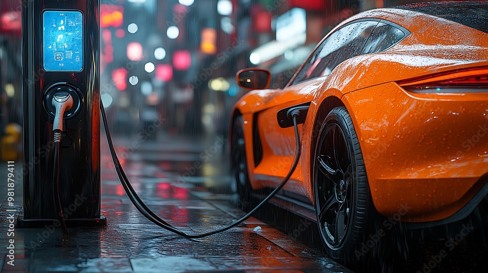 An orange sports car charging at a station in a rainy urban setting. An orange sports car charging at a station in a rainy urban setting.