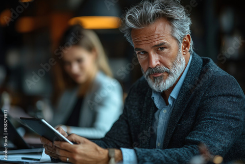 Serious man using tablet in a cafe.