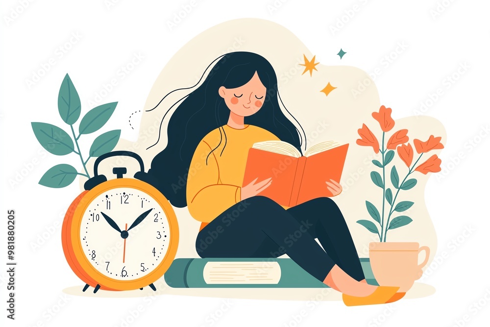 Young Woman Reading a Book with Study Elements - A Calming Illustration Highlighting Time Management, Focus, and the Joy of Learning Young Woman Reading a Book with Study Elements - A Calming Illustration Highlighting Time Management, Focus, and the Joy of Learning
