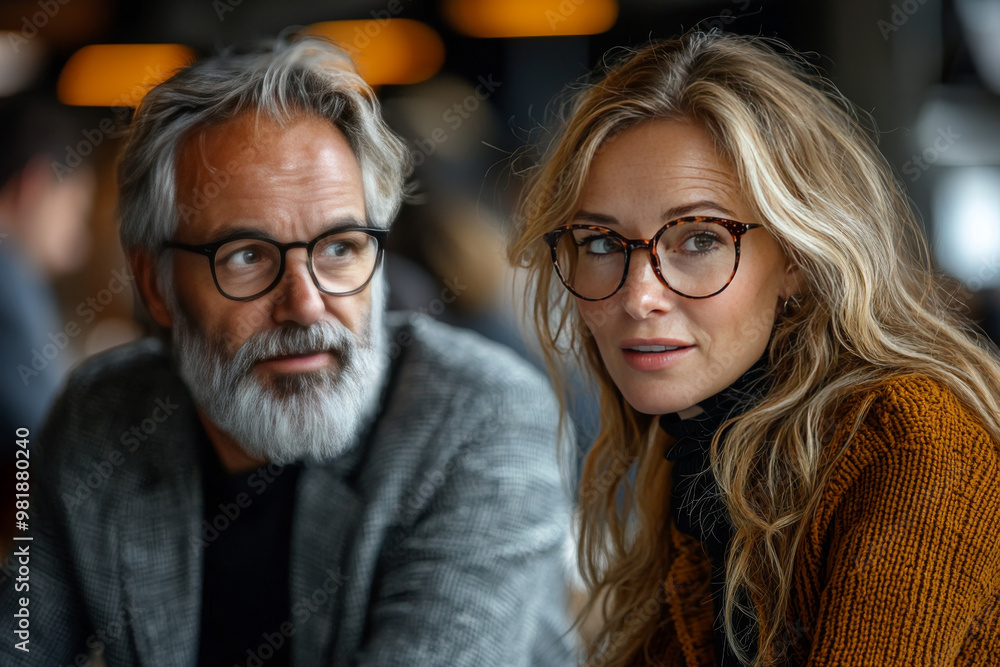 A man and woman in glasses look at each other with a thoughtful expression. A man and woman in glasses look at each other with a thoughtful expression.