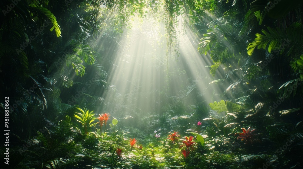 Sunbeams Illuminating a Lush Tropical Forest Floor Sunbeams Illuminating a Lush Tropical Forest Floor