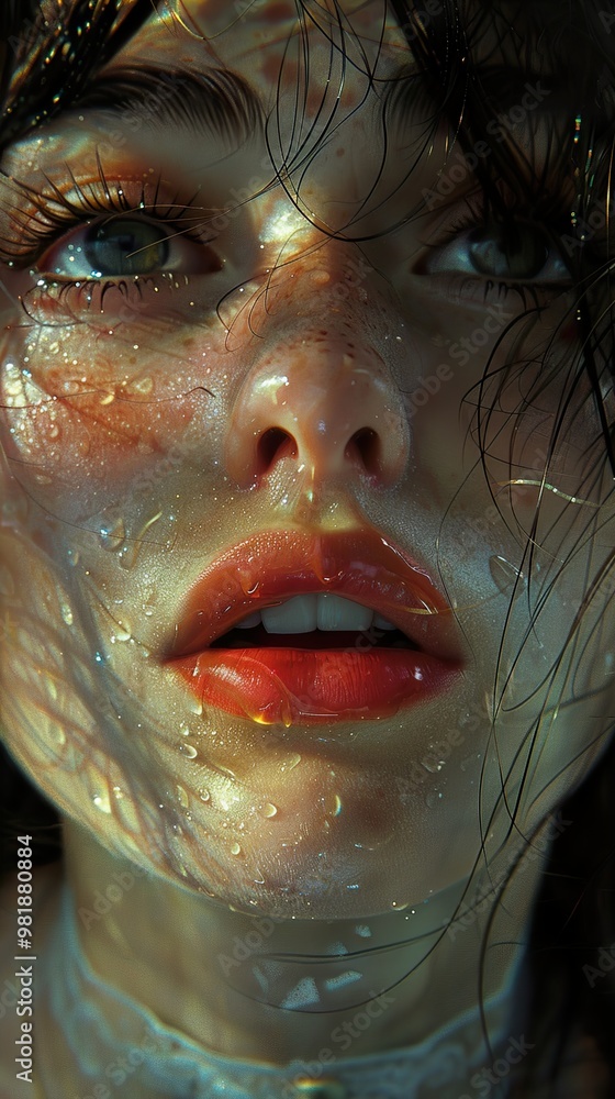Fototapeta premium Close Up Portrait of a Woman with Wet Hair and Glossy Lips