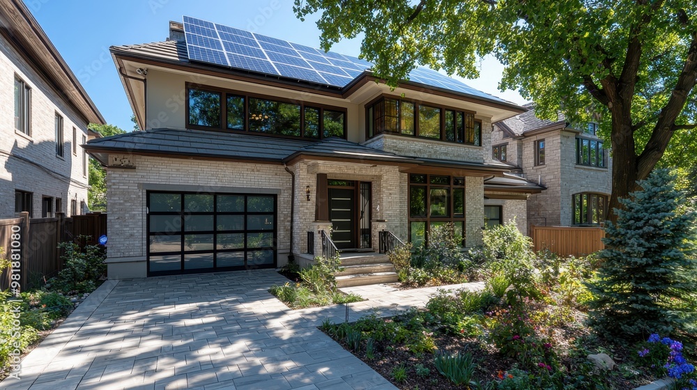 Modern House with Solar Panels Stone Facade and Lush Garden Modern House with Solar Panels Stone Facade and Lush Garden