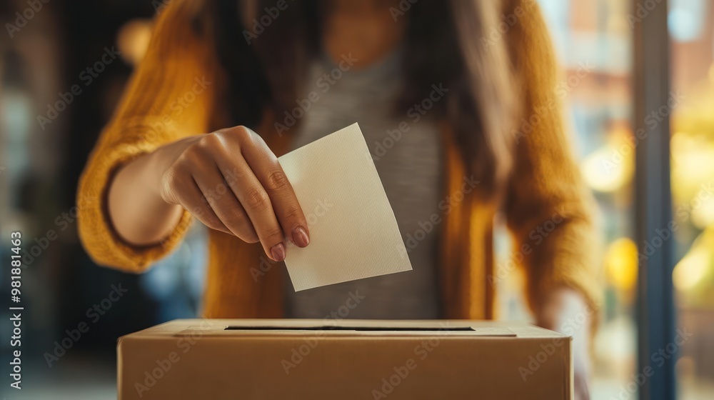 woman putting her ballot in the voting box, focus on hand woman putting her ballot in the voting box, focus on hand