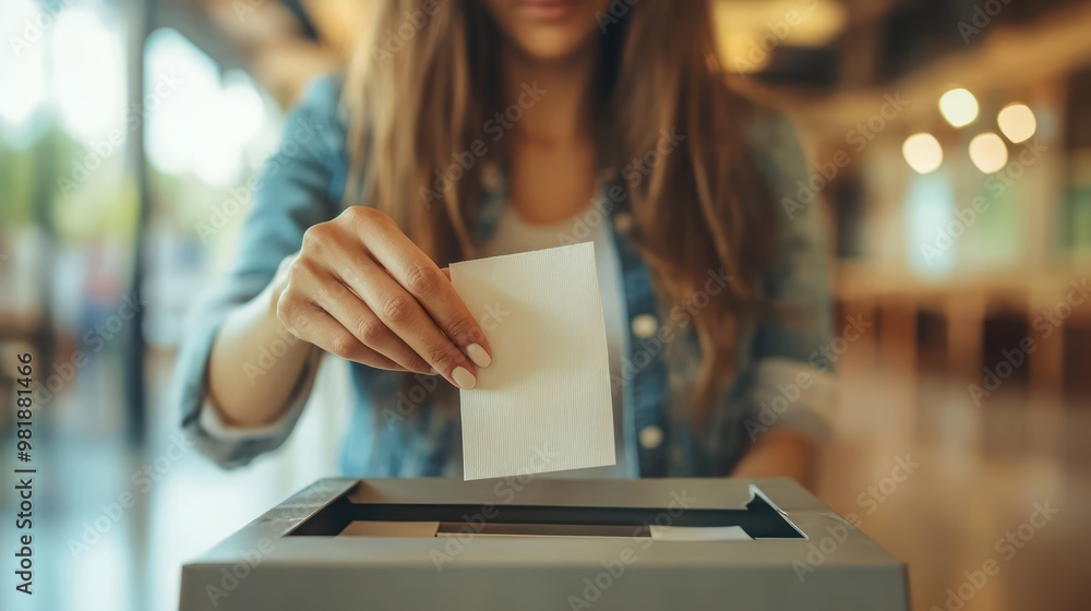 Fototapeta premium woman putting her ballot in the voting box, focus on hand