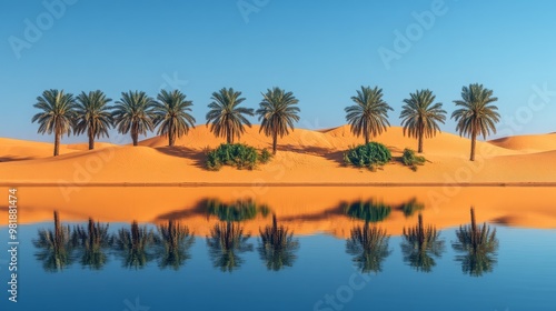Fototapeta Naklejka Na Ścianę i Meble -  A row of palm trees reflecting in a desert lake
