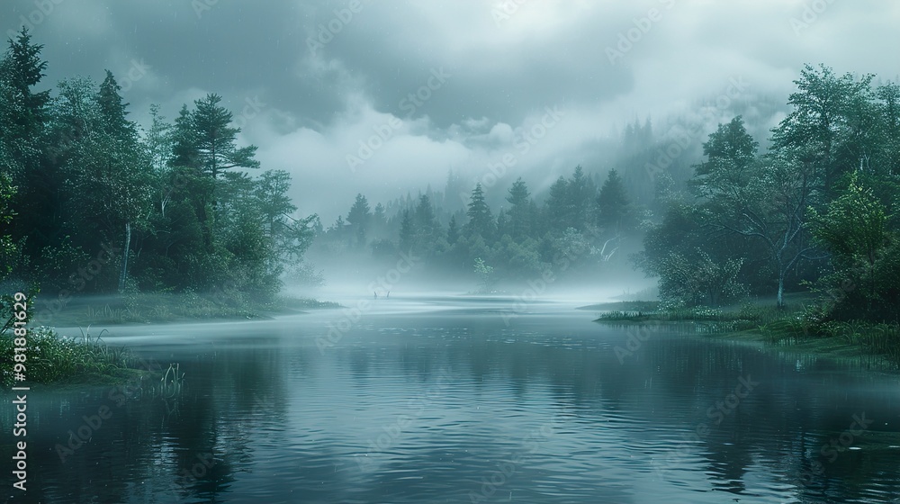Fototapeta premium Misty Forest Lake: Tranquil Nature Photography
