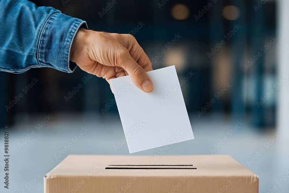 A hand placing a ballot into a box, symbolizing civic engagement and participation in the electoral process. A hand placing a ballot into a box, symbolizing civic engagement and participation in the electoral process.