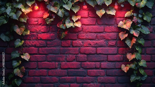 Red brick wall illuminated by glowing lights with a vine creeping across its surface