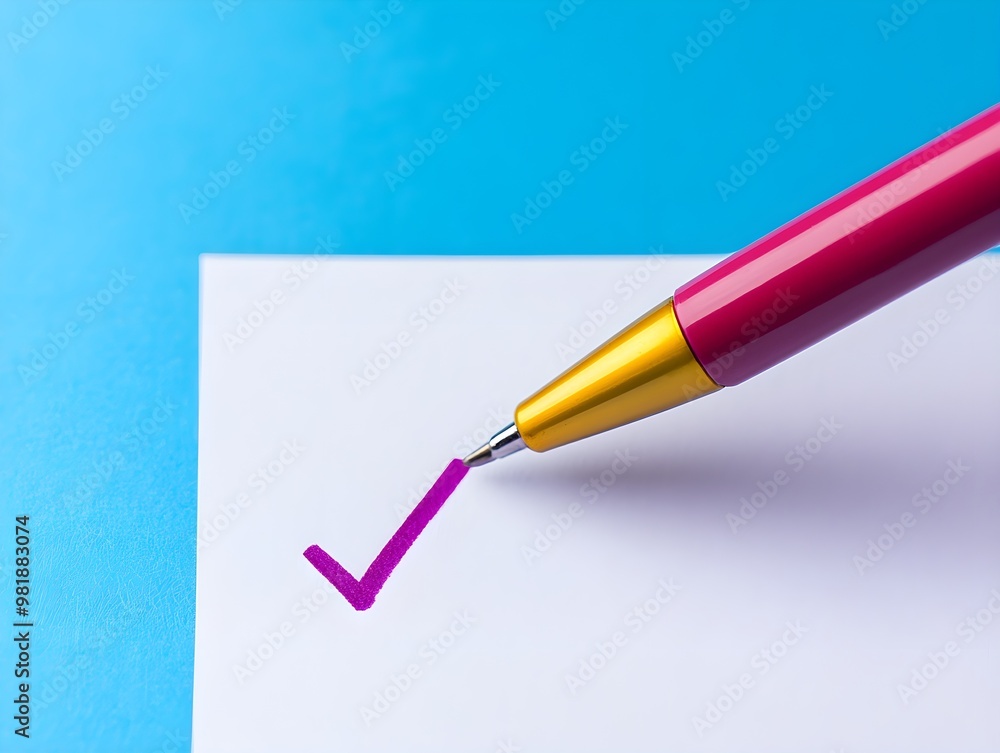 A vibrant pink pen draws a checkmark on a blank sheet of paper against a blue background, symbolizing completion and achievement. A vibrant pink pen draws a checkmark on a blank sheet of paper against a blue background, symbolizing completion and achievement.