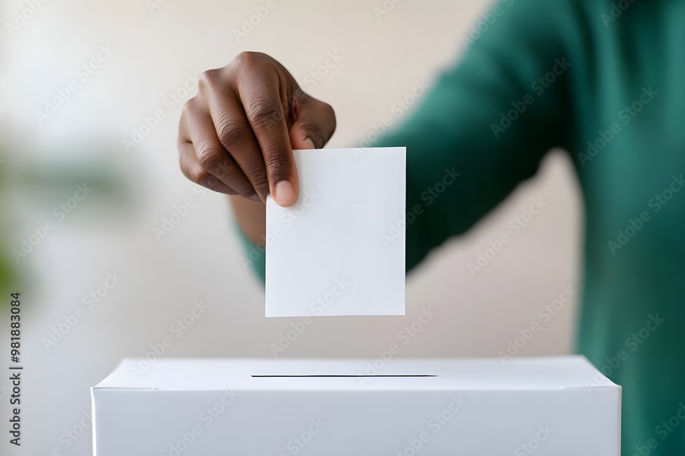 A person is casting a vote by placing a ballot into a white ballot box, symbolizing civic engagement and participation in the electoral process.