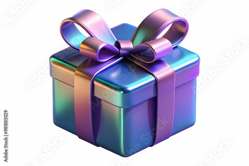 3D Macro Close-Up of Holographic Gift Box with Shiny Ribbon on White Background - Festive Joy of Giving During Christmas Celebration