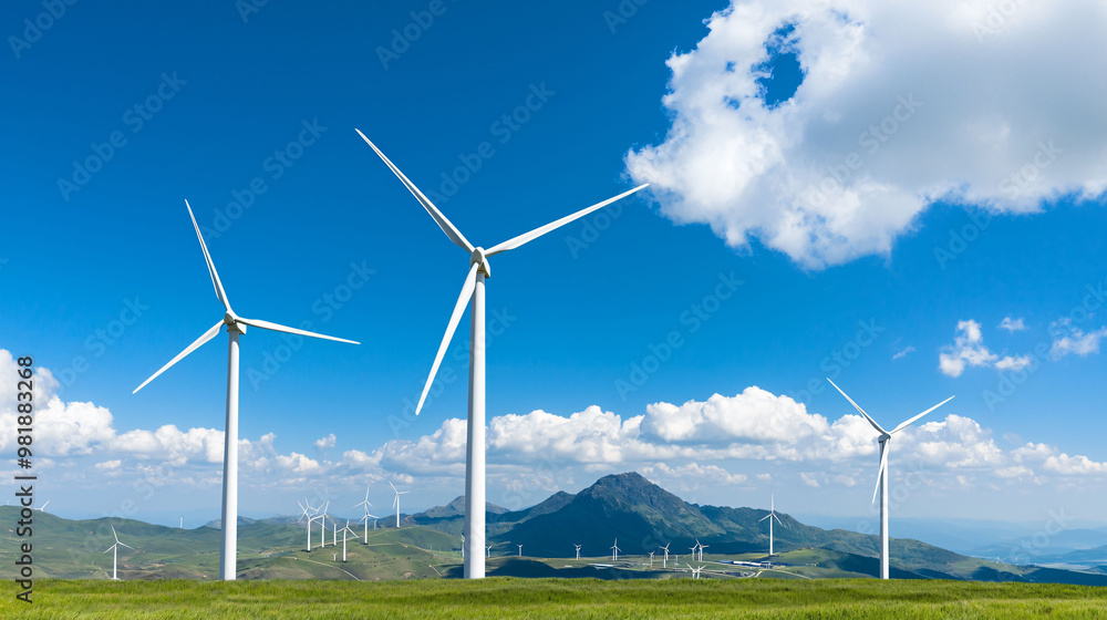 Wind turbines stand tall against bright blue sky, surrounded by lush green fields and distant mountains, symbolizing renewable energy and sustainability Wind turbines stand tall against bright blue sky, surrounded by lush green fields and distant mountains, symbolizing renewable energy and sustainability