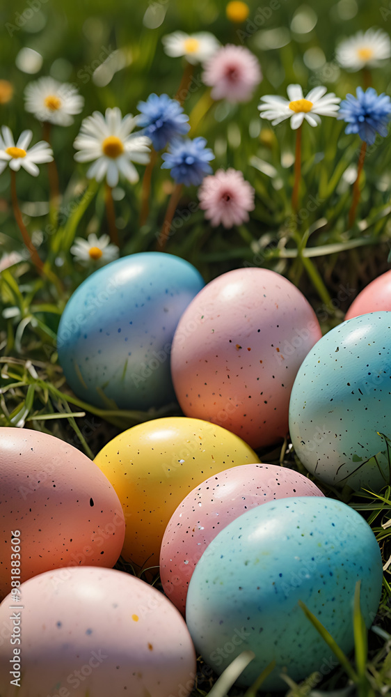 A colorful Easter egg hunt scene with pastel-colored eggs hidden in green grass, vibrant flowers, and a clear blue sky, perfect for a cheerful and playful festive mobile wallpaper. A colorful Easter egg hunt scene with pastel-colored eggs hidden in green grass, vibrant flowers, and a clear blue sky, perfect for a cheerful and playful festive mobile wallpaper.