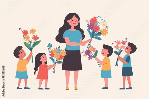 Wallpaper Mural Happy Children Celebrating Teacher Appreciation with Flowers – A Heartwarming Illustration of Gratitude and Joy in a Classroom Setting Torontodigital.ca
