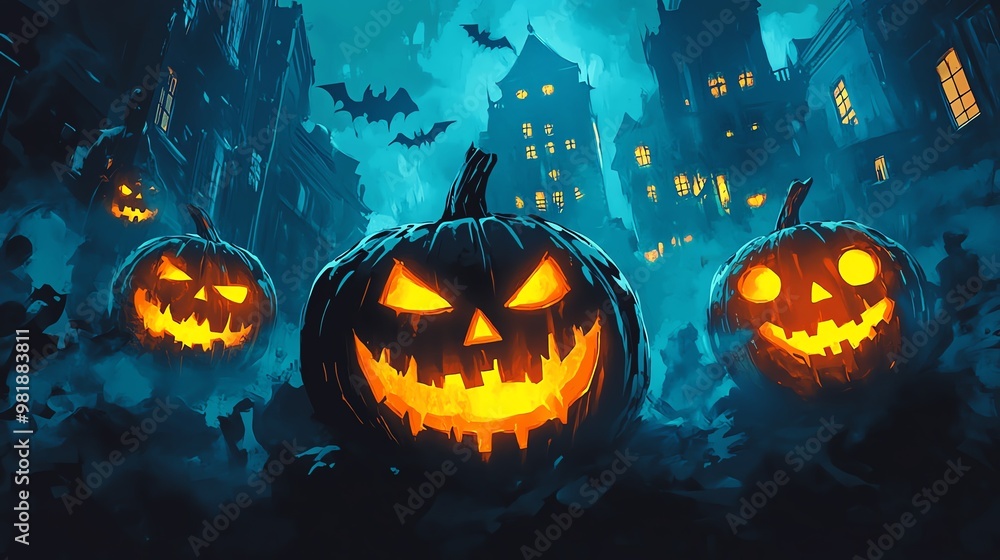 Spooky Halloween comic book panel, glowing jackolanterns, eerie mist, haunted characters, dramatic lighting, bold comic style, high detail, 4k resolution Spooky Halloween comic book panel, glowing jackolanterns, eerie mist, haunted characters, dramatic lighting, bold comic style, high detail, 4k resolution