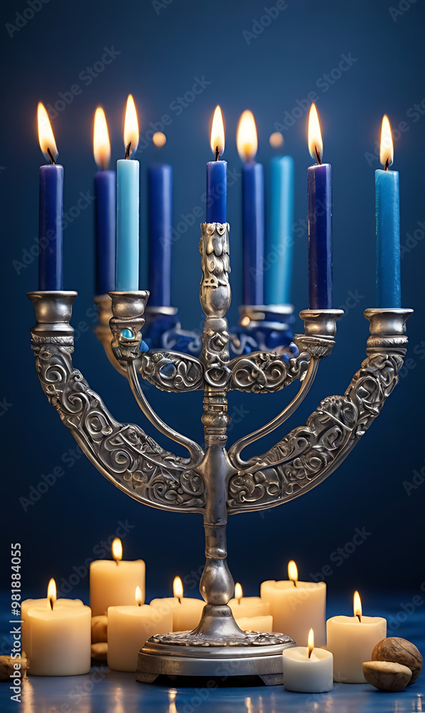 A vibrant Hanukkah menorah with all candles lit, against a blue and silver backdrop, celebrating the Festival of Lights with a serene and festive mobile wallpaper design A vibrant Hanukkah menorah with all candles lit, against a blue and silver backdrop, celebrating the Festival of Lights with a serene and festive mobile wallpaper design