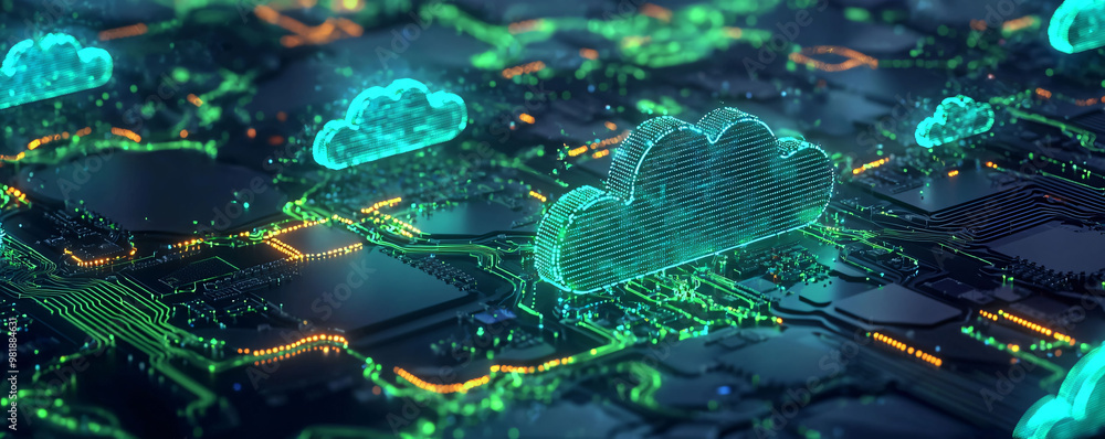 Fototapeta premium image depicts vibrant visualization of cloud infrastructure, showcasing interconnected systems with glowing clouds and circuit patterns. This representation highlights complexity and innovation in mo