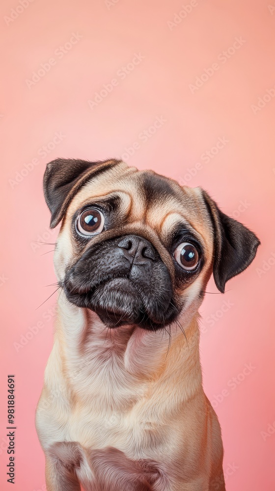 Cute Pug Puppy with Big Eyes on Pink Background. Cute Pug Puppy with Big Eyes on Pink Background.