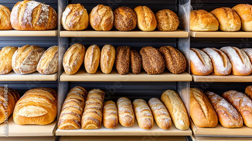 Breads on supermarket shelves Different types of bread loaves bread rolls baguettes bagels bread buns and a variety of other fresh bread on display on grocery store bakery shelves generative ai