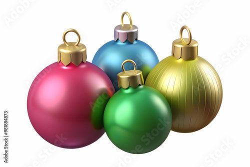 3D Soft Focus Christmas Ornaments: Elegantly Arranged Holiday Decorations in Various Colors & Textures with Spacious Copy Area on White Background