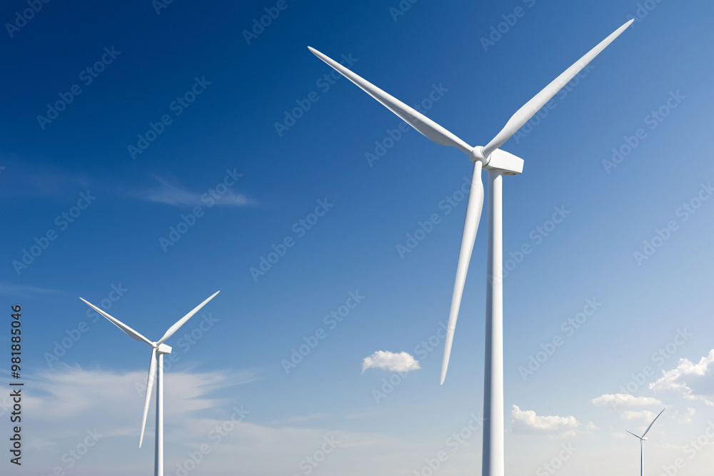 Wind turbines stand tall against clear blue sky, symbolizing renewable energy and sustainability. Their sleek design and white color create striking contrast with vibrant backdrop, evoking sense of in Wind turbines stand tall against clear blue sky, symbolizing renewable energy and sustainability. Their sleek design and white color create striking contrast with vibrant backdrop, evoking sense of in