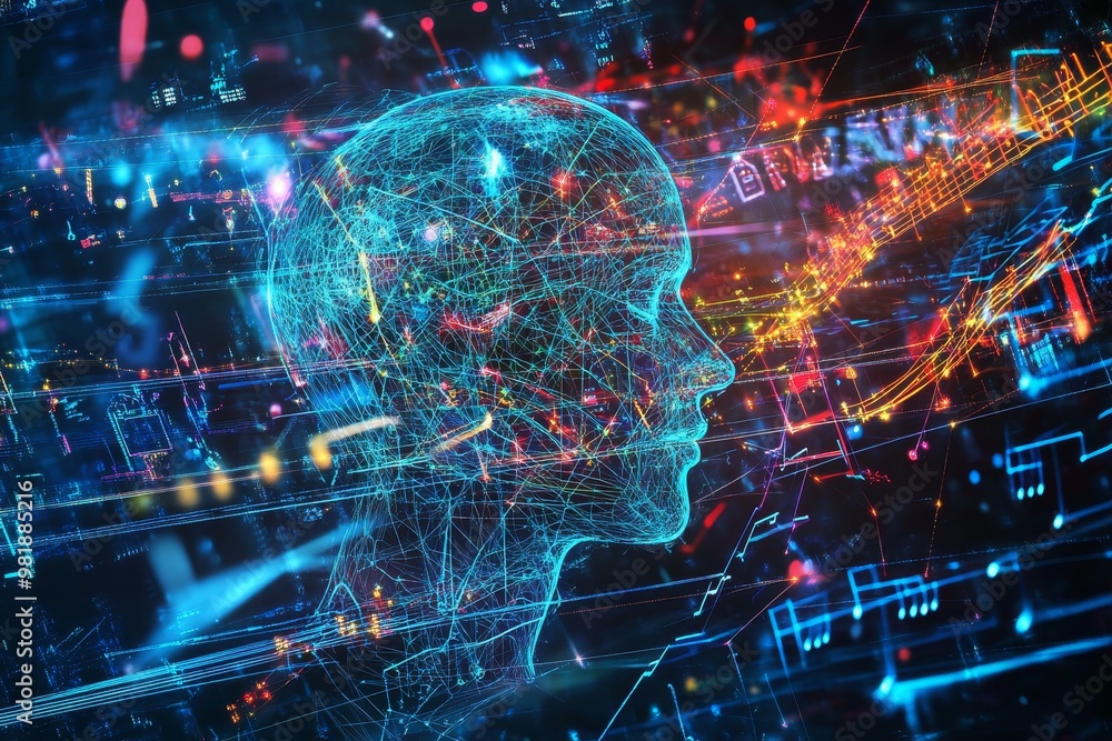 A digital human head outline formed by glowing lines, surrounded by a network of musical notes. A digital human head outline formed by glowing lines, surrounded by a network of musical notes.