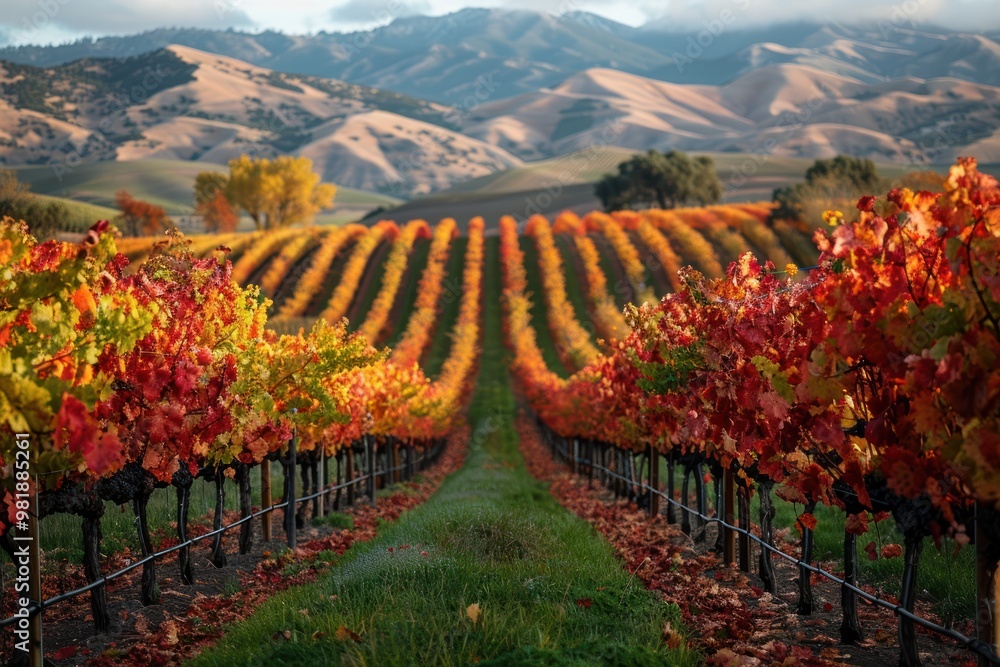 Naklejka premium Autumn Vineyard Rows with Mountain View