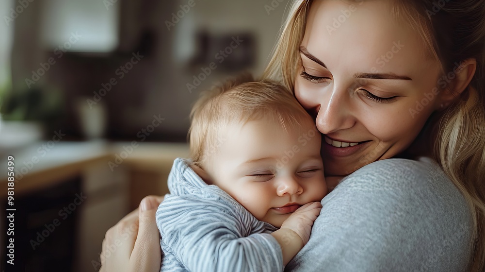 Devoted mother taking care of her newborn at home. Vibrant picture of a joyful mother clutching a sleeping baby in her hands. Mother giving her 2-month-old son a hug. Devoted mother taking care of her newborn at home. Vibrant picture of a joyful mother clutching a sleeping baby in her hands. Mother giving her 2-month-old son a hug.