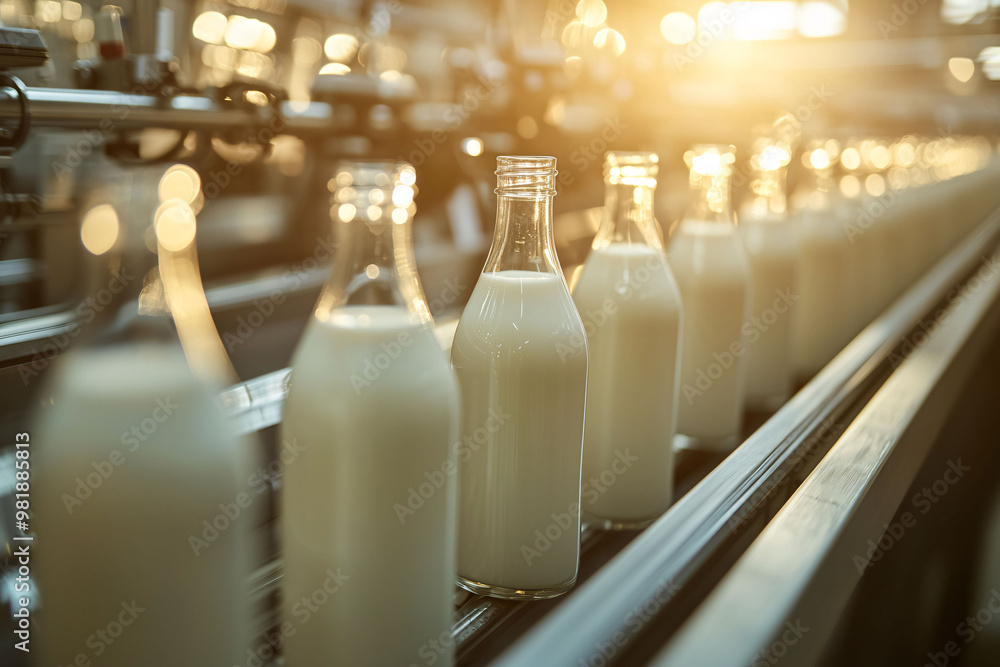 Fresh glass bottles of milk moving along high tech production line, illuminated by warm sunlight, create serene and efficient atmosphere in dairy processing facility Fresh glass bottles of milk moving along high tech production line, illuminated by warm sunlight, create serene and efficient atmosphere in dairy processing facility