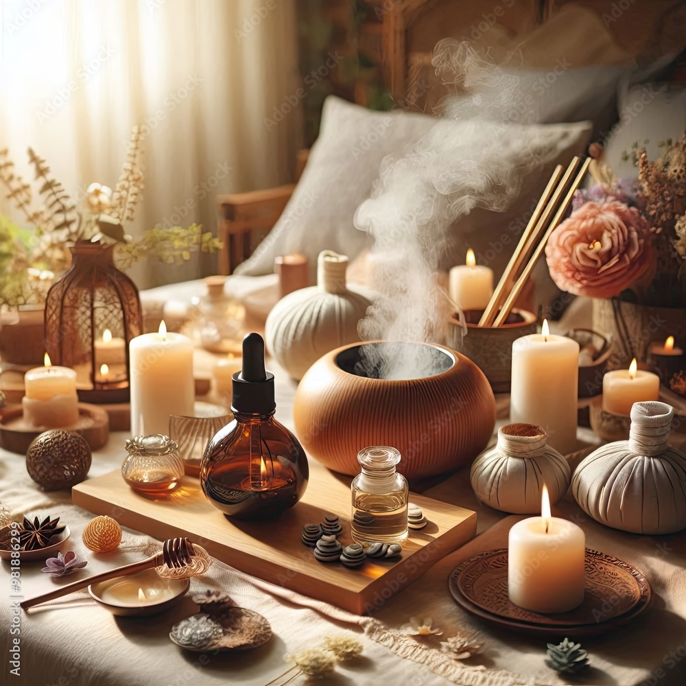 Tranquil Spa Aromatherapy Setting with Candles and Essential Oils with Generative AI. Tranquil Spa Aromatherapy Setting with Candles and Essential Oils with Generative AI.