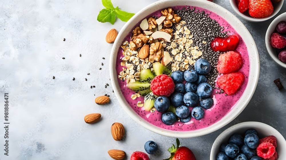 Smoothie bowl with toppings of nuts, seeds, and fresh fruits on a table Smoothie bowl with toppings of nuts, seeds, and fresh fruits on a table