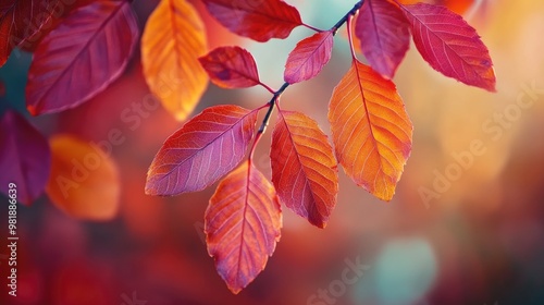 Beautiful close-up of colorful red and orange leaves on a tree branch, with rich textures, set against a natural, realistic background