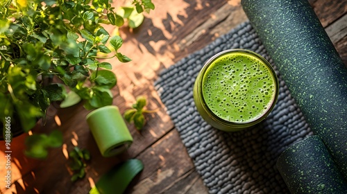 Fresh green smoothie placed next to a yoga mat and foam roller