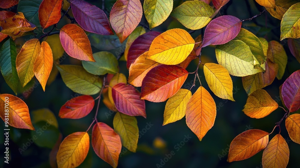 Beautiful close-up of richly colored leaves on a tree, with green, yellow, and orange tones, set against a realistic, natural background Beautiful close-up of richly colored leaves on a tree, with green, yellow, and orange tones, set against a realistic, natural background