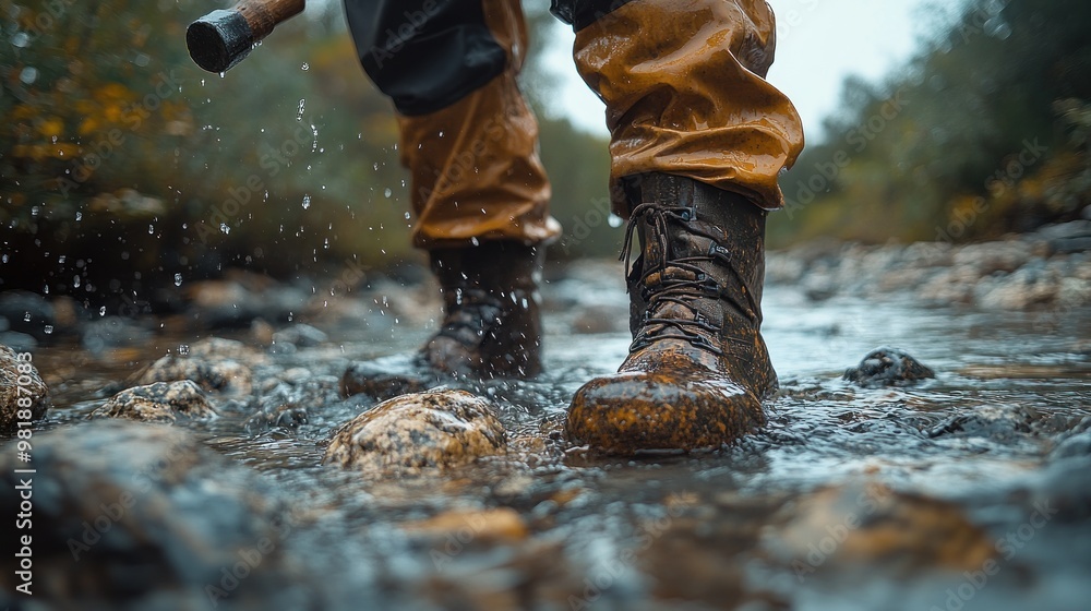 A person wades through a stream wearing waterproof boots. A person wades through a stream wearing waterproof boots.