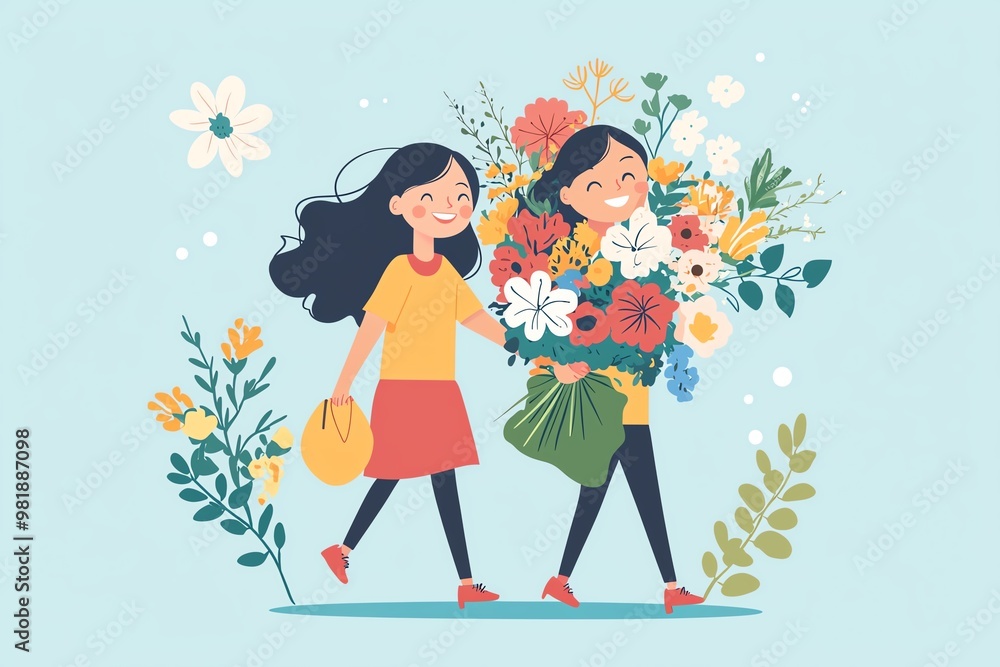 Two Women Celebrating Friendship with Bouquets of Flowers in a Vibrant Floral Setting – A Whimsical Illustration of Joy, Nature, and Togetherness Two Women Celebrating Friendship with Bouquets of Flowers in a Vibrant Floral Setting – A Whimsical Illustration of Joy, Nature, and Togetherness