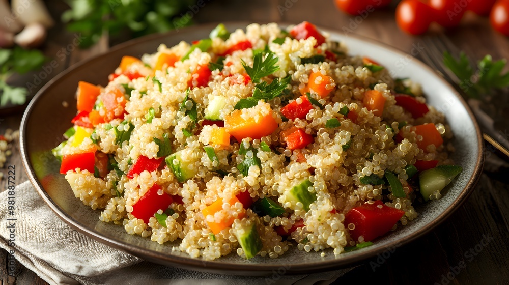 Healthy quinoa salad with a variety of colorful vegetables on a plate Healthy quinoa salad with a variety of colorful vegetables on a plate