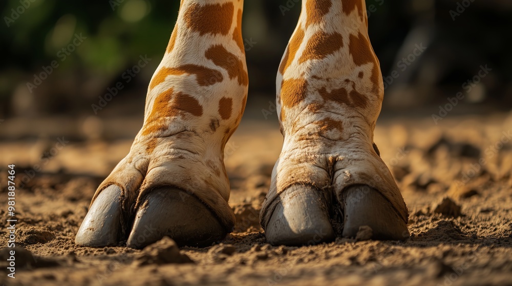 A close-up of a giraffe's feet standing on the ground A close-up of a giraffe's feet standing on the ground