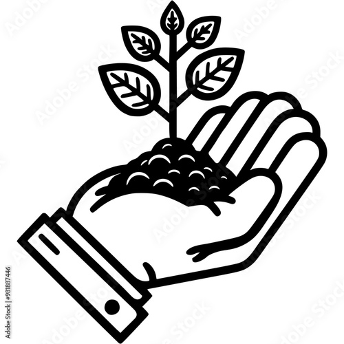 Caring hand of a volunteer holds a tree sprout in monochrome. Simple minimalistic vector in black ink drawing on transparent background