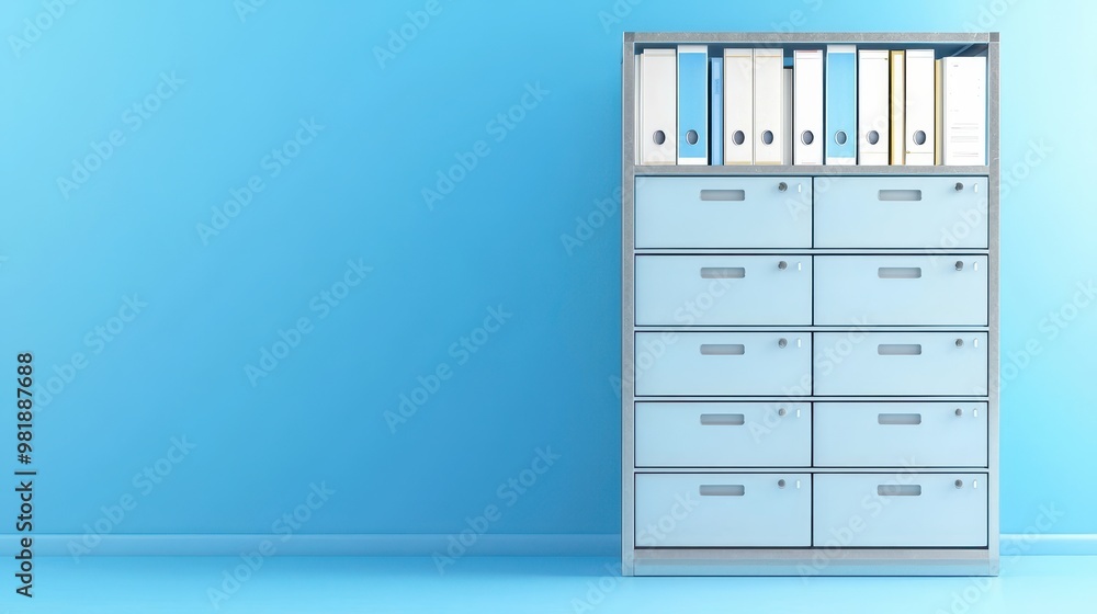 Blue Cabinet with Folders and Drawers in Empty Room Blue Cabinet with Folders and Drawers in Empty Room