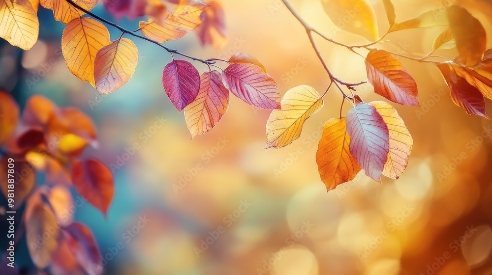 Close-up of colorful leaves on a tree, featuring rich autumnal hues and intricate details, set against a soft, natural background Close-up of colorful leaves on a tree, featuring rich autumnal hues and intricate details, set against a soft, natural background