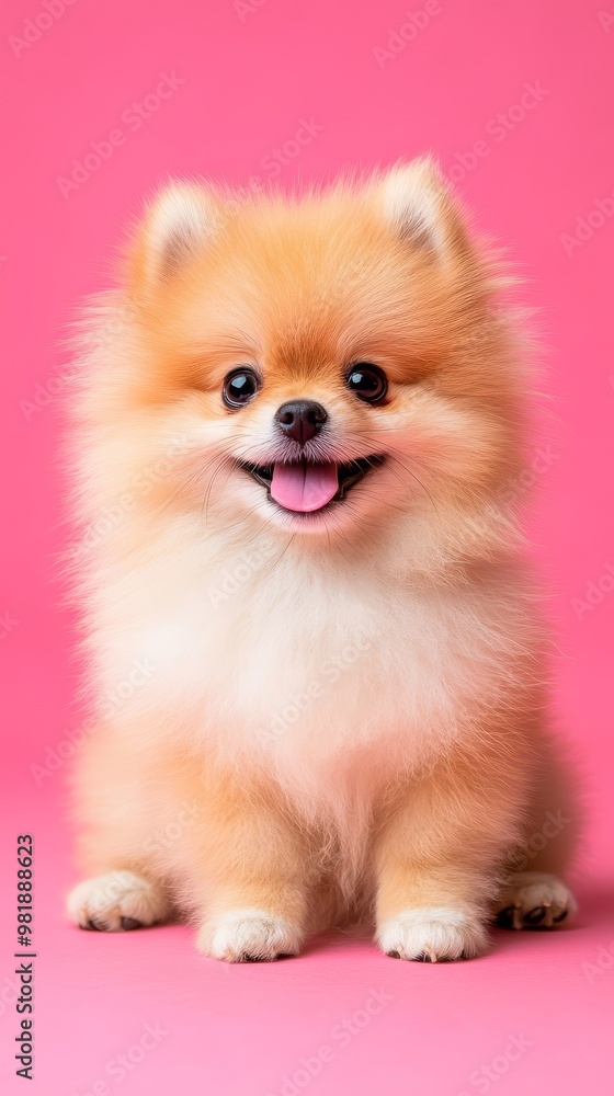 Pomeranian Puppy on Pink: A fluffy Pomeranian puppy, with bright eyes and a playful grin, sits against a vibrant pink background. The image exudes joy, cuteness, and a touch of playful mischief. Pomeranian Puppy on Pink: A fluffy Pomeranian puppy, with bright eyes and a playful grin, sits against a vibrant pink background. The image exudes joy, cuteness, and a touch of playful mischief.