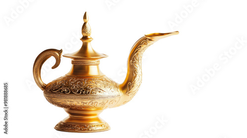 gold Arabian genie lamp on a white transparent background