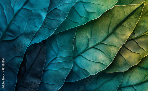 A close-up of overlapping green and blue leaves with detailed veins. photo