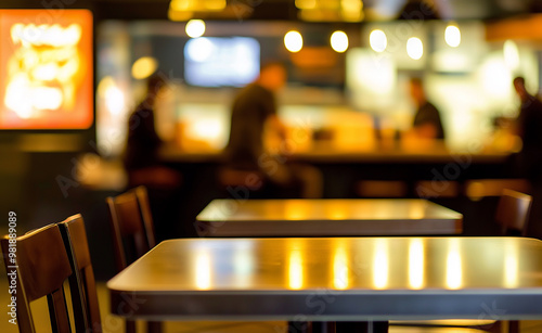 Empty chairs and table at a fast food restaurant in low light. photo