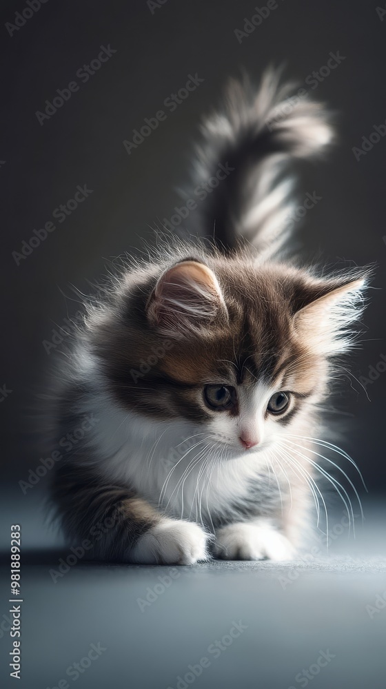 Cute Kitten with Brown and White Fur Looking Down. Cute Kitten with Brown and White Fur Looking Down.
